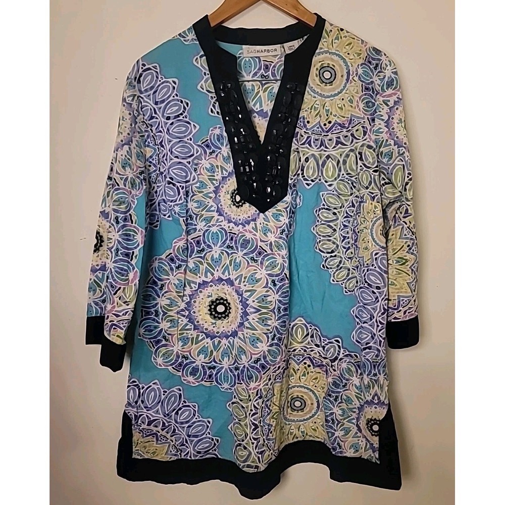 Sag Harbor Top Women's Large Beaded Neckline Tunic Shirt Blouse Colorful Fun